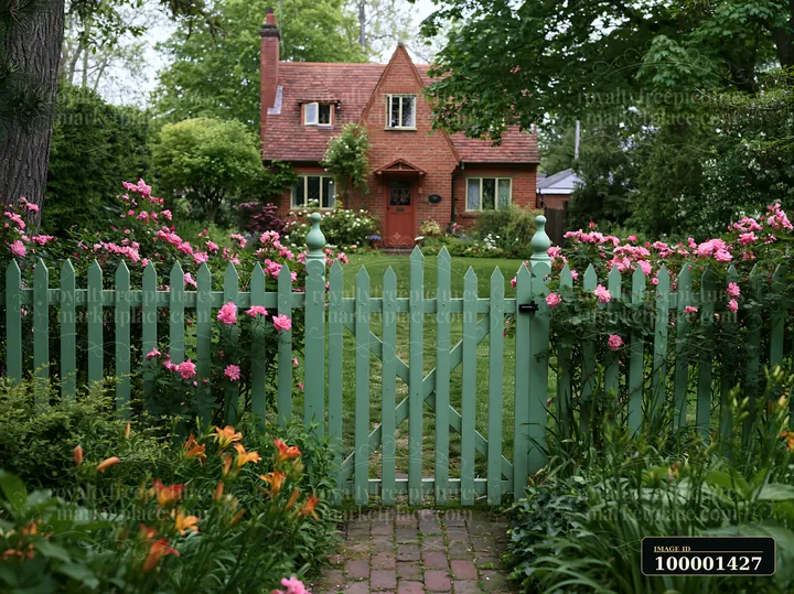 A green gate leads to a rural cottage surrounded by a garden full of flowers.