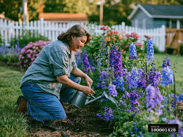A person waters a colorful delphinium flower border in a backyard garden during daylight.