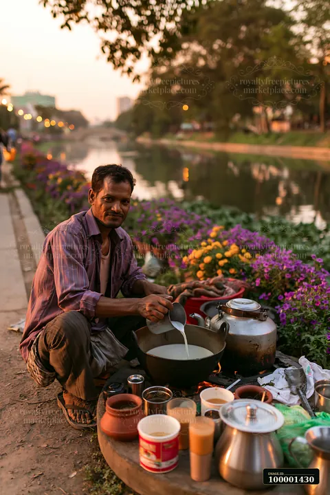 A street food vendor adding milk to tea by the river during evening.