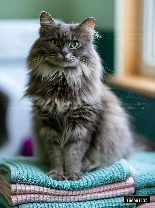 A Dwelf cat portrait presents a gray feline sitting on colorful towels in a well-lit indoor space.