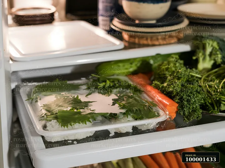 A container of sushi with shiso leaves sits on top of rice, surrounded by fresh vegetables like cucumber, carrots, and broccoli inside a refrigerator.