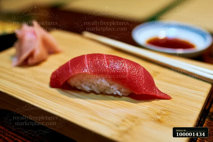 One sushi piece with pickled ginger is placed on a wooden board.