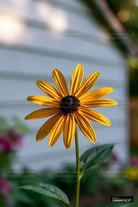 A rudbeckia flower stands tall in sunlight, showcasing its vibrant yellow petals and dark center.