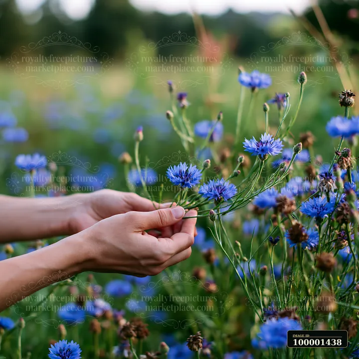 Hands are seen gathering blue wild meadow flowers in a lush green field.