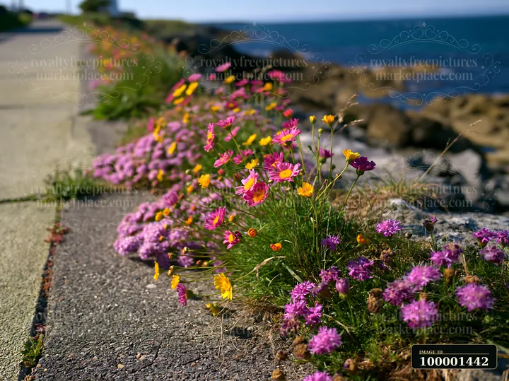 Bright flowers grow along a coastal path, leading to the water.
