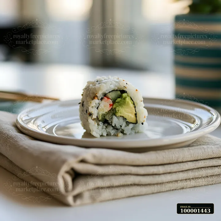 One California roll piece on plate sits ready to eat next to a pair of chopsticks.