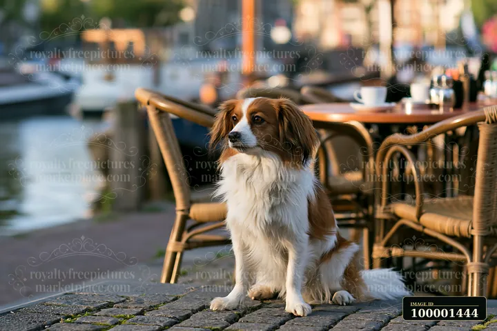 A rare dog breed sits by an outdoor café near the water, observing the surroundings as people enjoy their drinks and meals at nearby tables.
