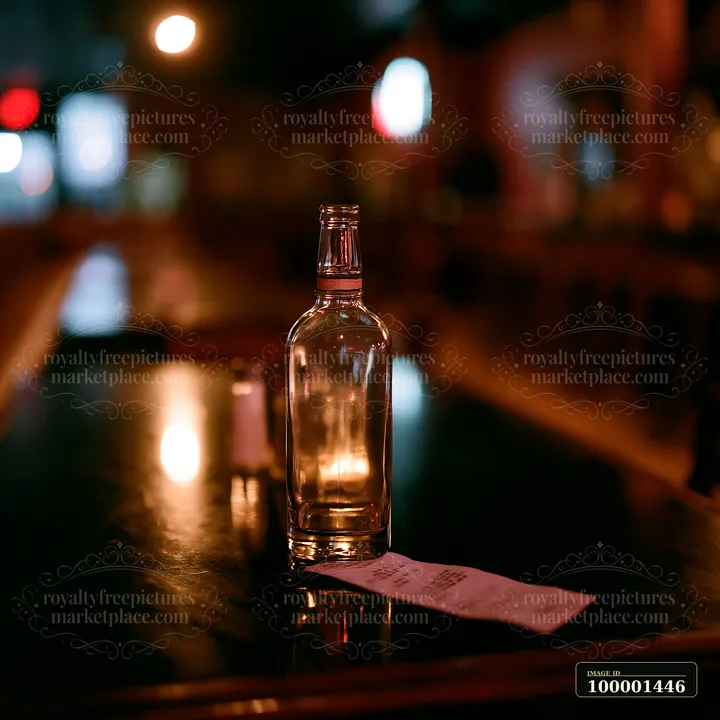 An empty bottle is placed beside a receipt on a table in a dimly lit bar.