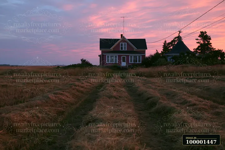 A farmhouse landscape at sunset shows a house surrounded by tall grasses and fields, with colorful skies in the background.