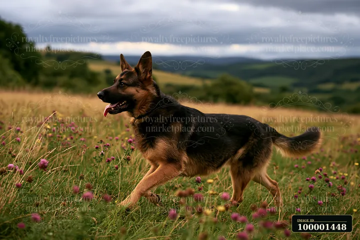 A German Shepherd runs through a meadow with storm clouds overhead.