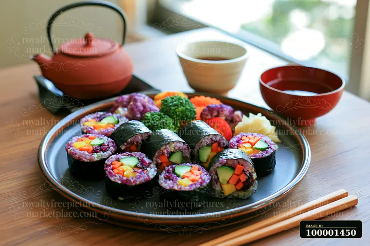 A plate of sushi featuring colorful rolls sits on a wooden table beside a teapot and cups.