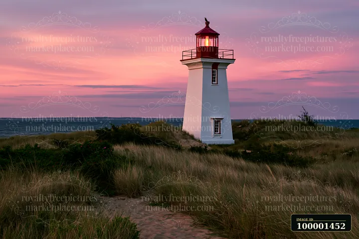 A lighthouse framed by coastal dunes stands against a colorful sunset sky.