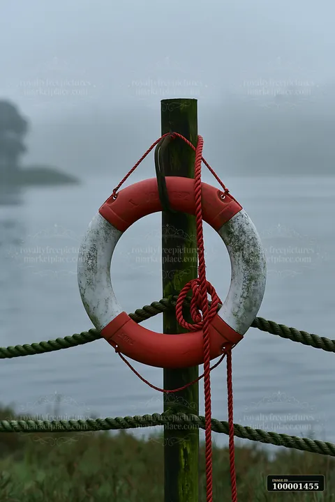A lifebuoy is mounted on a post surrounded by ropes while a coastline covered in sea fog looms in the background.