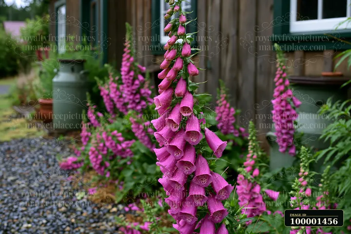 Foxglove flowers by cottage create a vibrant display near a wooden building.