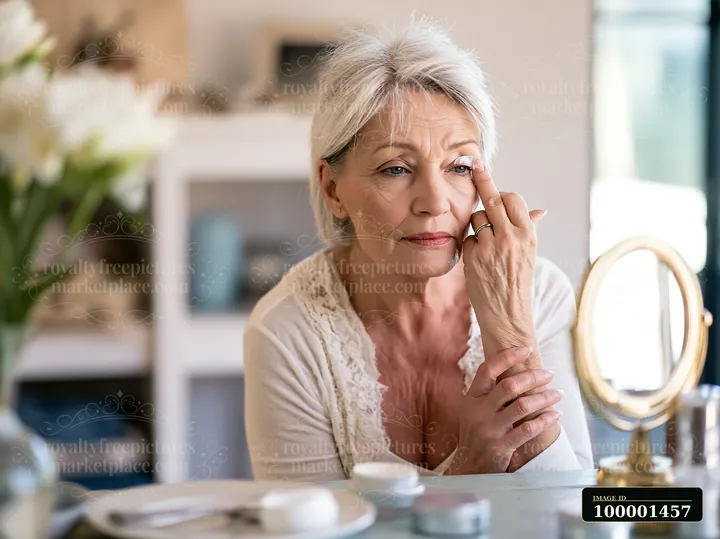A woman with silver hair applies cream to her skin while looking in a mirror on a table.