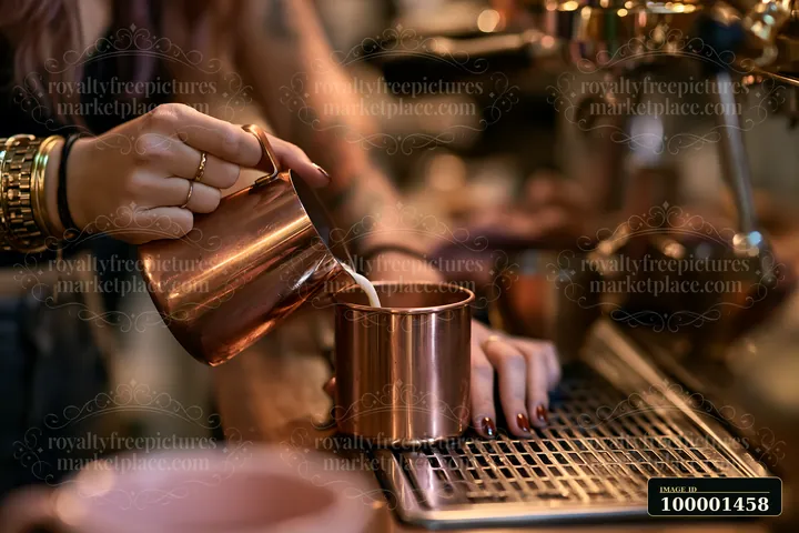 A barista steaming milk at a street cafe uses a metal pitcher while preparing drinks.