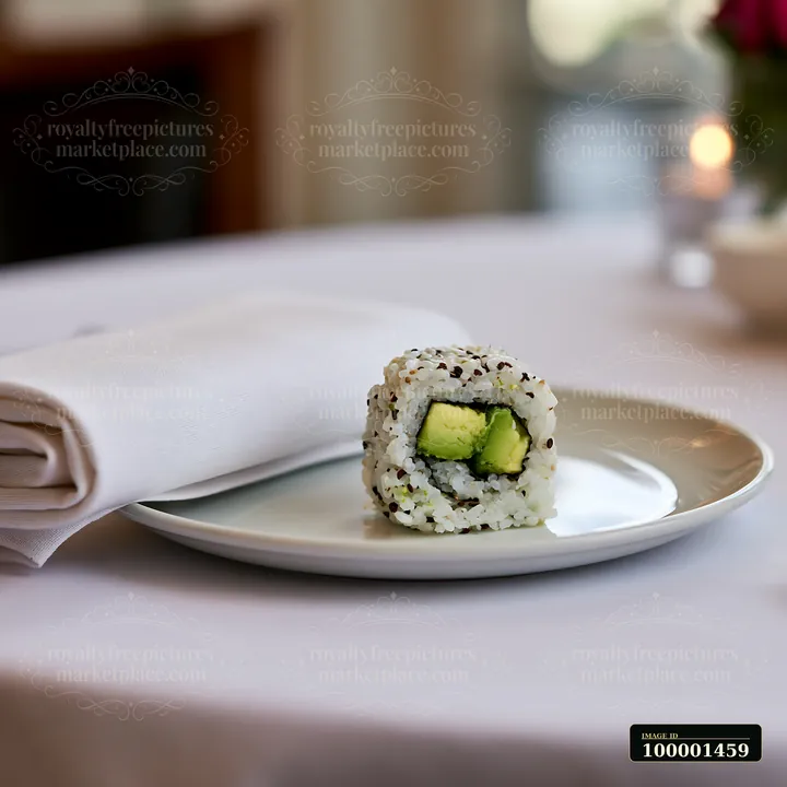 One California roll piece on plate is placed on a table setting with a napkin beside it.