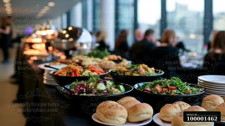 A buffet setup at a business conference features multiple food options like salads, rolls, and sides arranged on black tablecloths.