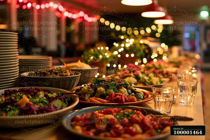 A zero waste buffet table displays various fresh salads and colorful dishes in a cozy setting, with warm lights illuminating the space.
