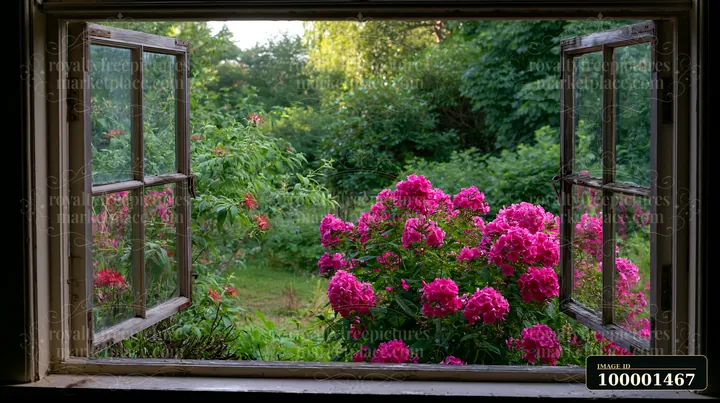 Bright phlox flowers fill the garden outside a rustic window, creating a vibrant view.