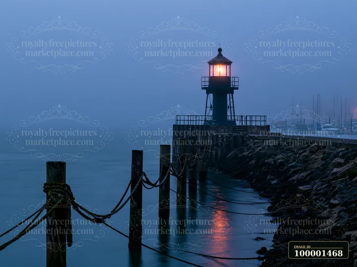 A lighthouse in heavy ocean fog emits a beacon of light as it stands at the end of a pier near a marina.