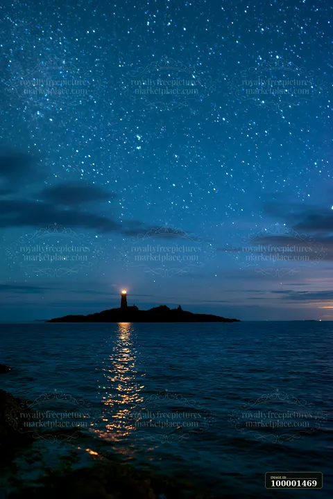 Stars fill the night sky above the ocean, creating a stunning scene.