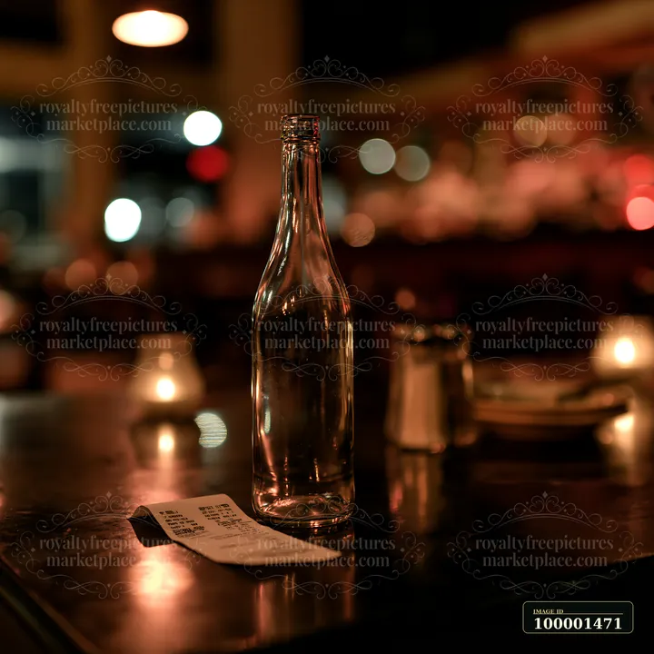An empty bottle sits beside a receipt on a table in a restaurant.