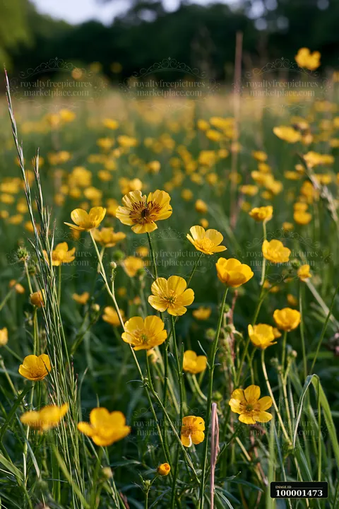 A meadow recovering after mowing features a variety of yellow flowers amidst green grass.