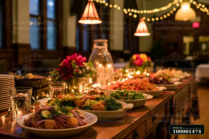 A long table is set with multiple bowls of food and drinks for a buffet.