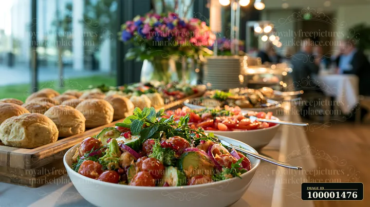 A business conference buffet displays an array of food items including salads, breads, and pastries.