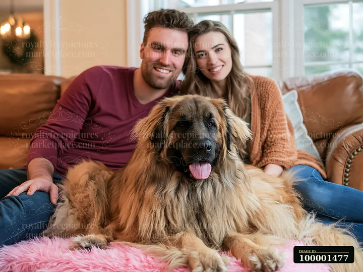 A couple sits on a couch with a large rare dog breed in their living room.