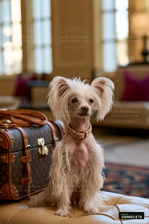 A small rare dog breed sits on a leather ottoman inside a pet-friendly hotel lobby while a stylish bag rests nearby.