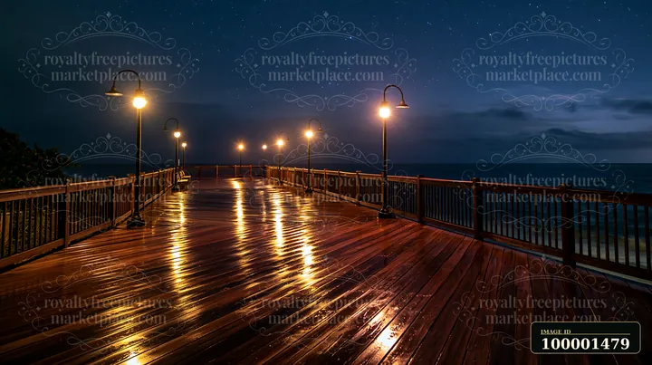 A coastal boardwalk is seen under a starry night sky, with lights lining the wooden path reflecting off the wet surface.
