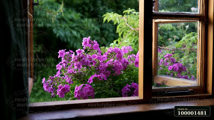 Purple phlox flowers bloom outside an open window in a cottage garden, surrounded by lush green foliage.