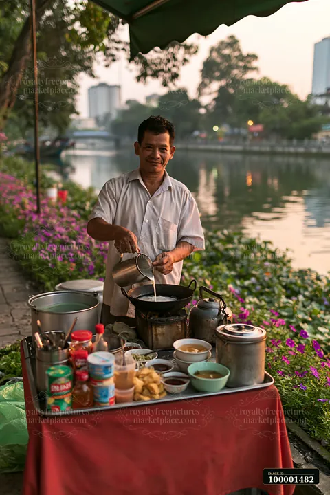 A street food vendor adding milk to tea stands by a riverside.