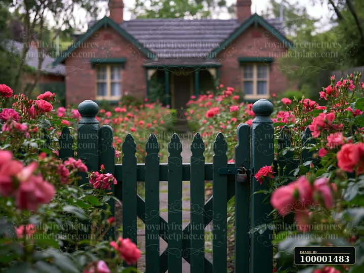 A rural cottage is visible through a green gate, surrounded by blooming pink roses.