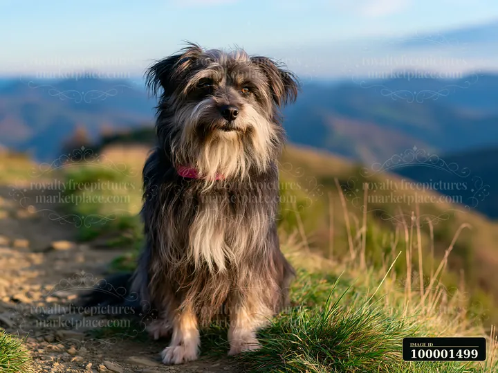 A rare dog breed with unusual coat texture sits on a rocky trail surrounded by grassy hills and distant mountains under a clear blue sky.