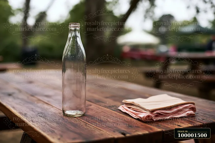 An empty bottle is placed on a wooden table beside folded napkins at an outdoor event, surrounded by trees and distant picnic tables.