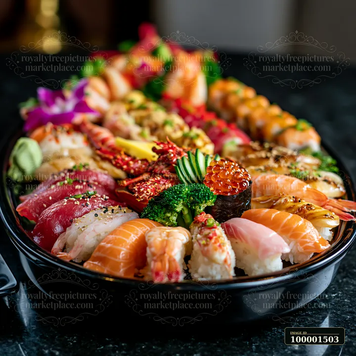 A sushi boat with assorted seafood showcases colorful sushi, sashimi, and garnishes arranged neatly on a black platter.