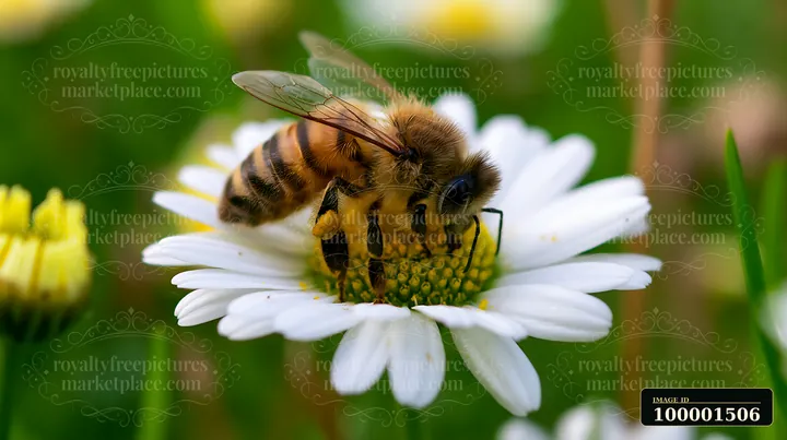 A honey bee crawls on the petal of a white flower in a grassy field.