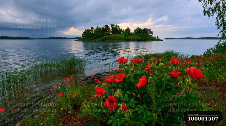 Roses bloom along the shore of an island after recent rainfall.