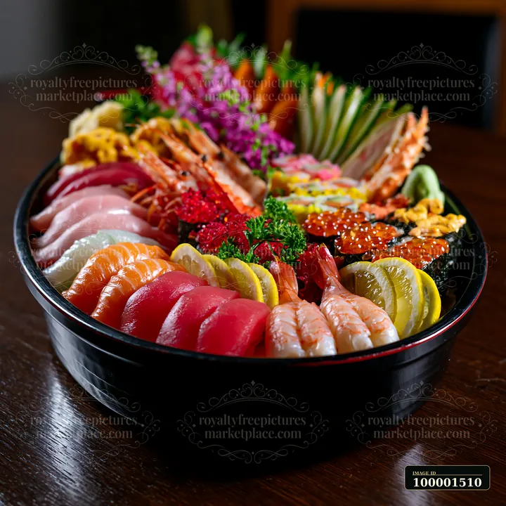 A sushi boat with assorted seafood displays various sushi types, shrimp, and colorful garnishes arranged neatly.