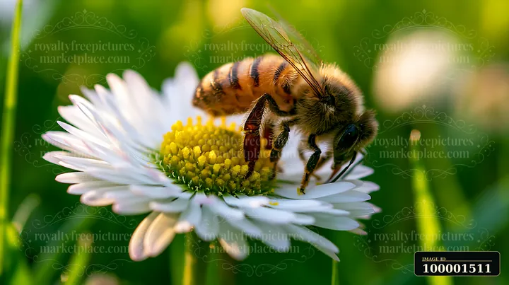 A honey bee crawling on petal collects pollen in a garden filled with blooming flowers.