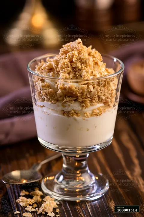 A glass cup filled with a cream dose topped with oat flakes sits on a wooden table.