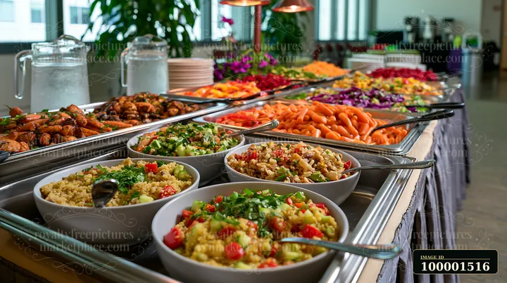 A catering buffet setup showcases a variety of colorful dishes, including salads, entrees, and side items arranged neatly on a table.