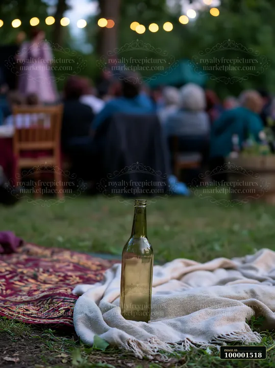 An empty bottle rests on a blanket laid on the grass at an outdoor event.