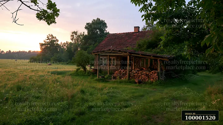 A rustic cottage stands next to a large stack of firewood in a field during sunset.