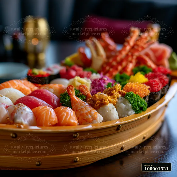 A sushi boat with assorted seafood showcases various types of sushi and sashimi on a wooden tray.
