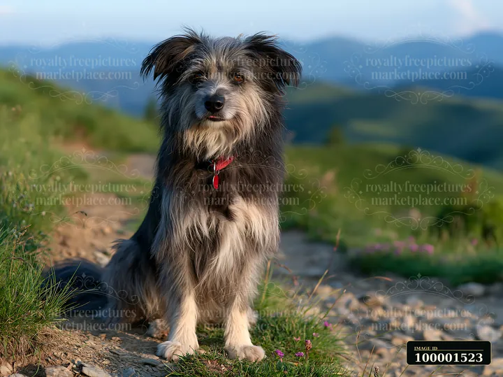 A rare dog breed with unusual coat texture sits on a trail surrounded by green hills and distant mountains.