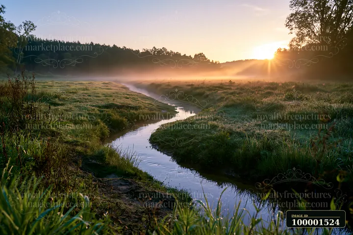 Sunbeams over a misty meadow highlight a winding stream at dawn.